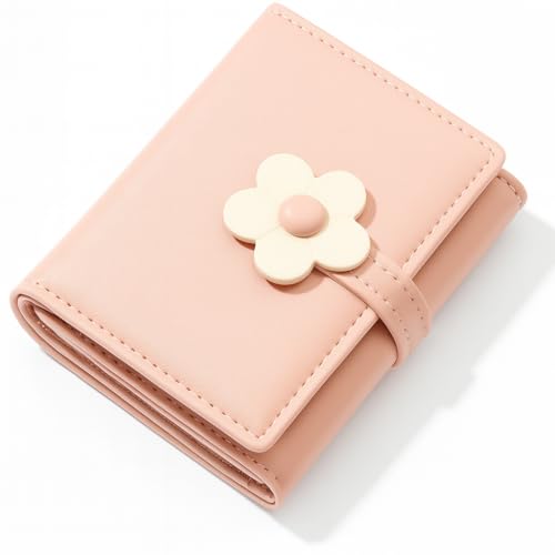Carteira Feminina Rosa Mini Tri-Fold com Detalhe de Flor