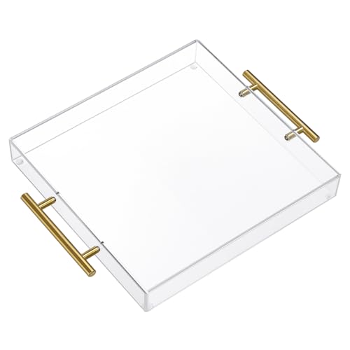 12x12 Clear Acrylic Serving Tray with Golden Handles Sturdy Huge Capacity Acrylic Trays for Coffee Juice Kitchen and Desk Organizer Storage Tray (12x12)