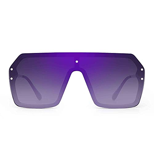 Oversized Shield Sunglasses Flat Top Gradient Lens Rimless Glasses for Women Men (Black Frame   Purple Lens)