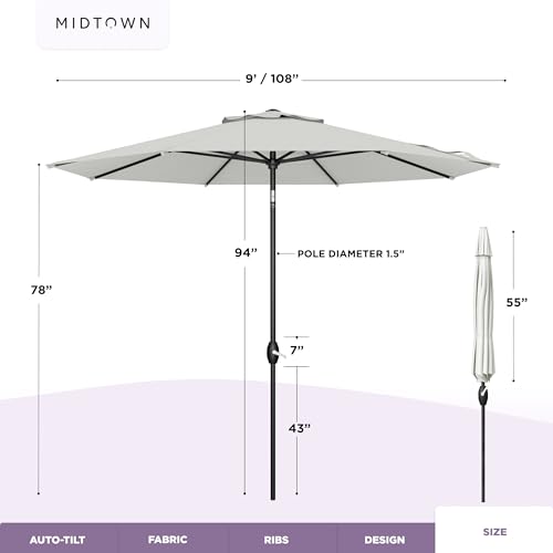 Image of Midtown Umbrellas - 10-Year-No-Fade 9 Ft Patio Umbrella with Terylast Fabric, Auto-Tilt Aluminum Frame and 8 Reinforced Ribs for Deck, Pool, Garden & Beach - Off White Canopy, Black Pole