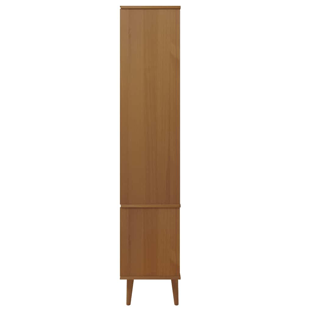 Vitrina escandinava de madera maciza de pino marrón con acabado lacado UV y 2 cajones y 4 compartimentos