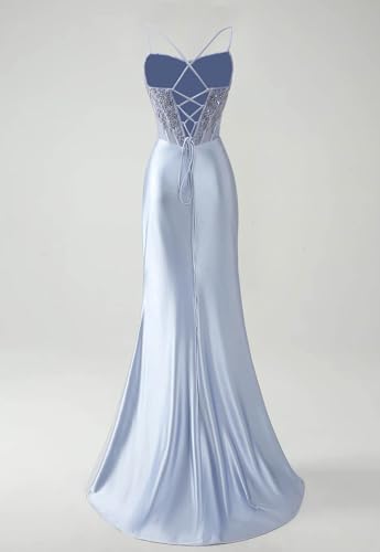 VGZ Satin Spaghetti Straps Prom Dresses Lace Appliques Mermaid Long Formal Evening Gown with Slit3