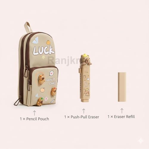 Image of Kawaii Stationery Combo Set for Girls | Kawaii Pencil Case Pouch with Zipper & Push Pull Eraser with Refills Back to School Supplies Gift for Kids