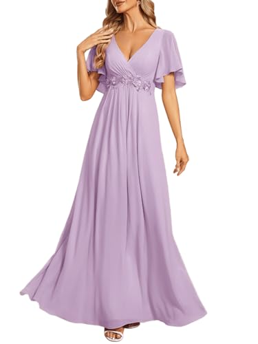 Image of Ever-Pretty Women's Spring Short Sleeve Bridesmaid Dresses V-Neck Chiffon Ruched Empire Waist Appliques Long Formal Dress