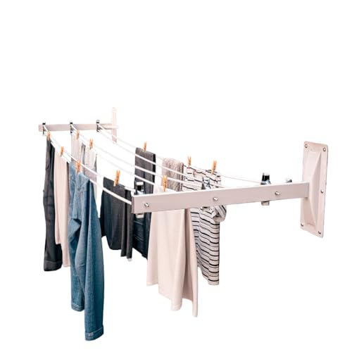 Amig - Tendedero Fijo de Pared - Tenderete de Dos Brazos - 6 Poleas de Acero Inoxidable - Soporta Gran Capacidad de Ropa Mojada - Uso Exterior - Fácil Instalación - Compacto y Duradero - 46x8x18cm