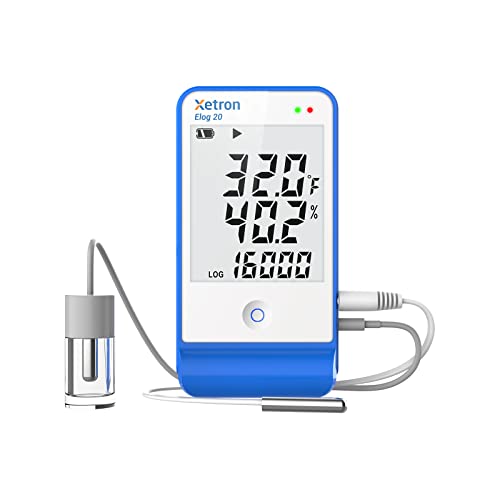 Xetron Data Logger Temperatura e Umidità, Registratore di Dati Frigorifero Riutilizzabile con Doppia Sonda Esterna 16000 Punti, Rapporto PDF & Certificato & Schermo LCD, Elog20