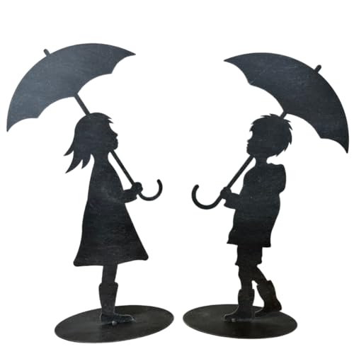 Terma Metall Figur Höhe 40cm Kinder mit Regenschirm zweier Set grau Made in Germany Gartenstecker Outdoor deko Herbstdeko Metallfigur winterdeko draußen Gartendeko Winter deko