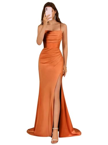 Image of Satin Bridesmaid Dress for Women 2025 Spaghetti Straps Mermaid Prom Dresses with Slit Evening Dresses KN003