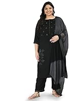 PrettyPlus by Desinoor.com Women Plus size Kurta Trousers set having siroski work in Black color on Rayon fabric.