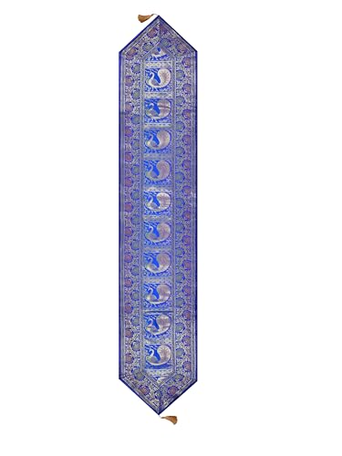 Image of Banarasi Brocade Zari Silk Table Runner Dinning & Centre Table Runner 177 By 30 CM (Blue, Peacock)