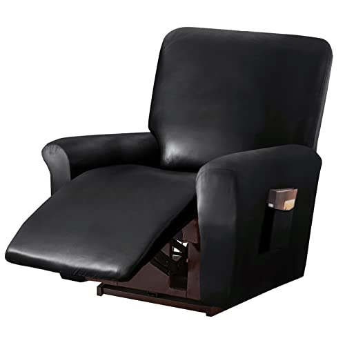 Imperméable 4 Pièces Housse De Fauteuil Relax Extensible, PU Cuir Housse De Chaise Inclinable avec Poche Latérale Antidérapant Couvre pour Canapé pour Enfants Animaux -Le Noir-1 Place