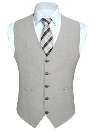 HISDERN Men's Suit Vest Gray Vintage Tuxedo Vests for Men Business Formal Grey Dress Vest Prom Waistcoat with 3 Pocket