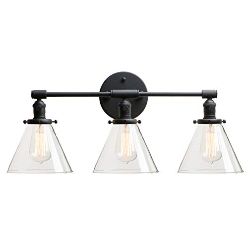 Image of Permo Vintage Industrial Antique Three-Light Wall Sconces with Funnel Flared Clear Glass Shade (Black)