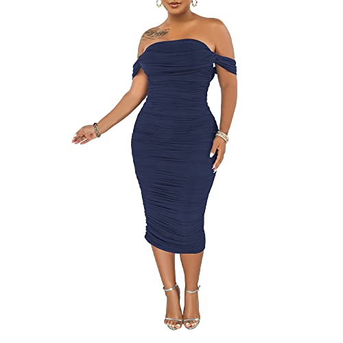 Pinsv Women Ruched Off Shoulder Dress Bodycon Party Elegant Midi Dresses Dark Blue S #TOP2
