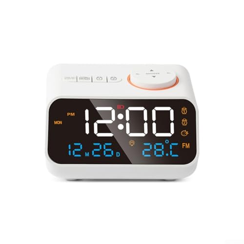 Radiosveglia FM a LED, per camera da letto, sveglia con visualizzazione dell'ora, temperatura e umidità, 11,3 x 8,6 x 7,1 cm (bianco)