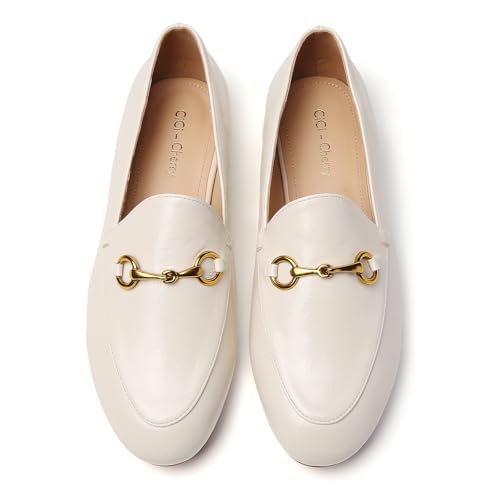 Image of Women's Classic Bit Loafers - Structured Faux Leather Business Work Flats, Comfortable Slip On Dress Shoes with Gold Metal Buckle (Updated True Size)