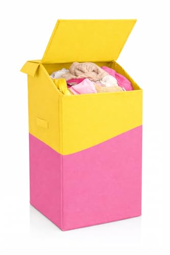 Image of 75L Large Laundry Basket with Lid, Foldable Non-Woven Fabric Clothes Hamper with Durable Handles, Heavy Duty Storage Bag for Bedroom, Bathroom, Nursery & Toys, Space-Saving Organizer (pink yellow)
