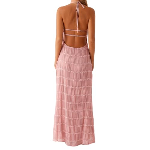 Image of Women Backless Maxi Beach Dress Spaghetti Strap Halter Smocked Long Dress Flowy Vacation Sundress