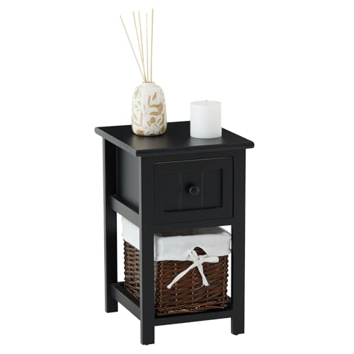 IDIMEX Table de Chevet Messina Table de Nuit en Bois Noir avec 1 tiroir et 1 Panier en Osier et Insert en Tissu Blanc