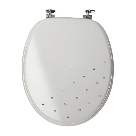 Sabichi White Diamante MDF Toilet Seat Bathroom WC Easy Fit Chrome Hinges 173027, 45.5 x 37 x 6.3 cm Cover