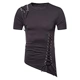 Men's Steampunk Asymmetric Irregular Hem Casual T-Shirt Tops Solid Asymmetric Criss Cross Lace-Up Short Sleeve T-Shirt Dark Gray