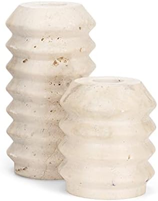WORHE Candle Holders True Natural Travertine Stone 0.4" Thick, Set of 2 Premium Marble Candlestick Holder for Wedding Dinning Party, Candle Stand for 3/4 inch Thick Candles Color White (ZT002)
