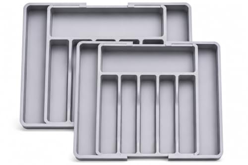 Image of Large Silverware Drawer Organizer, Expandable Utensil Tray for Kitchen, BPA Free Flatware and Cutlery Holder, Adjustable Plastic Storage for Spoons Forks Knives, Grey, Pack of 2