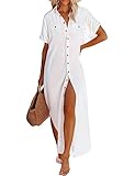 Bsubseach Swimsuit Coverup for Women Long Kimonos Cardigans Side Split Button Down Bathing Suit Cover Ups White