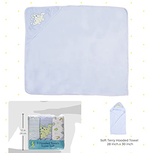 Image of Spasilk 3-Piece Hooded Towel Set for Newborn Boys and Girls, Soft Terry Baby Towels, Baby Essentials, Blue Dino