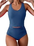 Eomenie Two Piece Tankini Swimsuits for Women Tummy Control Bathing Suits Cutout Back Swim Tank Top with High Waisted Bottom Denim Blue