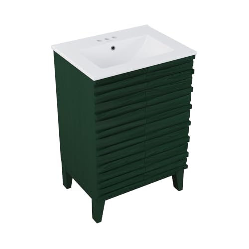 Image of Swiss Madison Cascade 24 inch Freestanding Bathroom Vanity in Green Oak with 3-Hole Centerset Sink Top