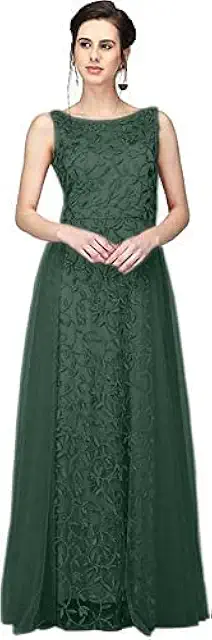 Green Satin Long Dress for Women - Embroidered Party Gown