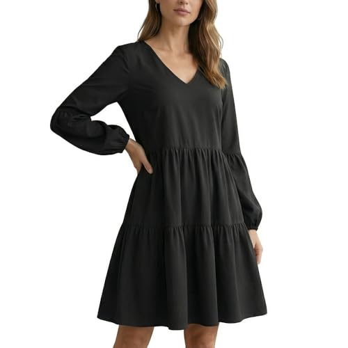 Vestidos de Mujer Manga Larga Vestido Casual Cuello V Vestidos Sueltos de Camiseta T-Shirt Túnica Negro Color sólido Vestido Midi Moda Chic Playa Vacaciones