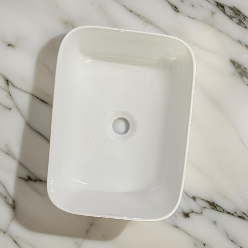 Image of SEA SHORE White Imported Ceramic Table Top Wash Basin - Slim Rim Vessel Sink for Bathroom & Living Room | 41 x 31 x 15 cm (Koshi White)