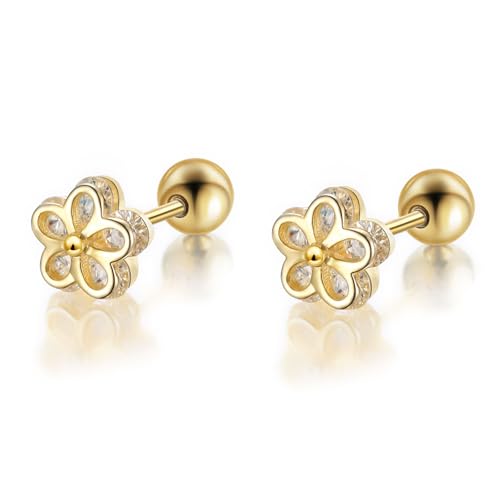 Gold Flower Stud Earrings 925 Sterling Silver 18K Gold Plated Cubic Zirconia Screw Back Cute Hypoallergenic for Women Jewelry Gift Graduation Gift Thanksgiving Day Christmas