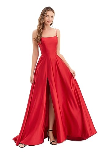 Image of Women's Prom Dress Long Train Side Slit Satin for Teens Strap Spaghetti Backless with Pockets Hunter Green