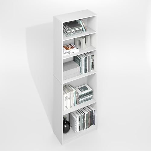 Image of Furinno Jaya Simply Book Shelf, 5-Tier Bookshelf, Bookcase with Adjustable Shelves, 9.5 x 24.5 x 71.2, for Living Room, Bedroom, Home Office, Plain White