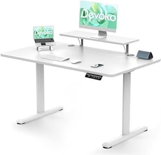Devoko Electric Standing Desk 120 x 60cm, Height Adjustable Standing Desk with Monitor Stand, Stand Up Table for Home Office with 2 Memory Smart Pannel (White)
