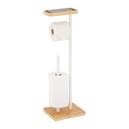 Relaxdays Support pour Votre Papier Toilette, Bambou et métal, 66,5 x 31 x 17 cm, pour la Salle de Bain, Blanc et Nature