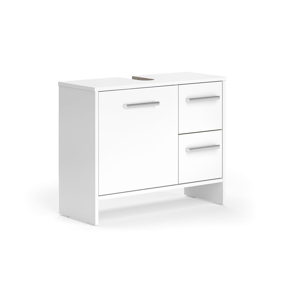 Vicco Mobile sottolavabo per bagno Karli, Bianco, 70.2 x 57 cm con 2 cassetti e 1 anta, adatto per il montaggio sotto lavabi standard