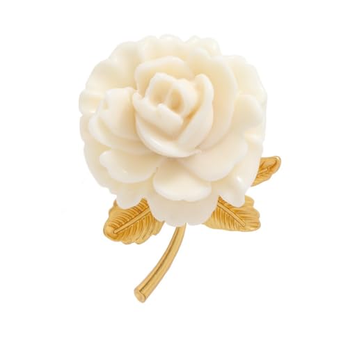 Image of White Rose Flower Brooch Pin for Women Girls Fashion Gold Leaf Resin Blossom Floral Brooches Lapel Corsage Pins Dainty Dress Accessories Wedding Holiday Anniversary Jewelry Gift