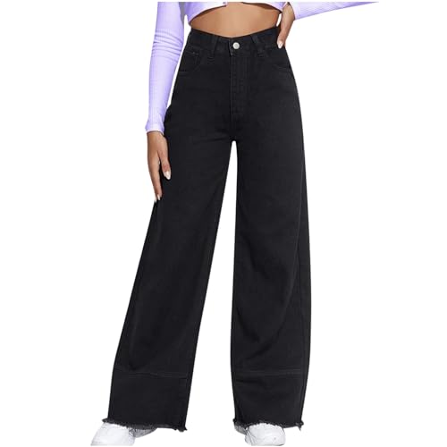Women's Baggy Wide Leg Jeans High Waisted Casual Black Denim Pants Frayed Raw Hem Fashion Straight Leg Denim Slacks