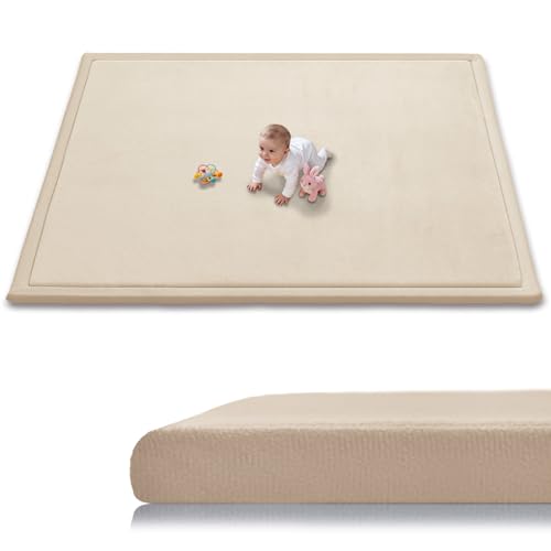 Image of Baby Play Mat for Floor, 1.3 Inch Thick Memory Foam Tummy Time Mat with Non Slip Backing, Soft Coral Velvet 59X79 Inch Playpen Mat Crawling Tatami for Infants Toddlers Kids, Beige