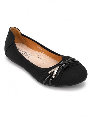 Primtex Ballerines Femme Semelle Cuir Noir, Blanc, Marine, Souples Boucle argentée Strass Semelle