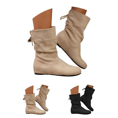 Generisch Botines planos para mujer, botas de vaquero para mujer, de piel, con cordones, botas de mujer, monocolor, elegantes, para exteriores, botas de invierno, informales, beige, 39 EU