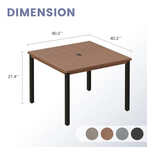 Image of VICLLAX Square Patio Dining Table for 4, Outdoor Patio Table with Umbrella Hole for Garden Lawn Deck Backyard, Walnut Tabletop