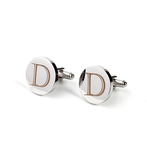 Image of Mens Initial Silver Cufflinks A-Z Alphabet Letter Steel Cuff Links with Engraved Walnut Wood Box Groom Groomsman Wedding Set