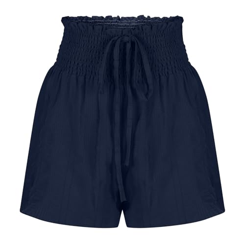 Casual Beach Shorts for Women, Smocked High Rise Bathing Suit Cover Up, Drawstring Wide Leg Beach Summer Shorts, Dressy Casual Summer Outfits, Navy Blue - L Size