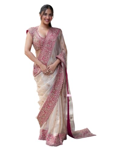 Image of Designer Organza Silk Saree for Women | Elegant Sequins & Thread Work Saree with Unstitched Blouse | Wedding Saree Collection