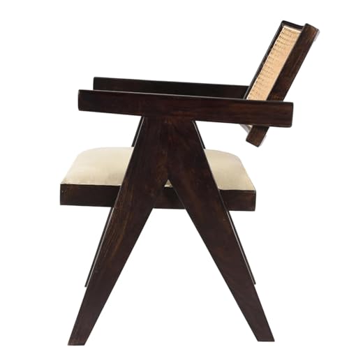 Image of GK Int Premium Solid Wood Cane Accent Chair with Cushion | Handwoven Rattan Backrest Armchair | Mid-Century Modern Wooden Lounge Chair for Living Room, Dining Room & Office (Walnut Brown)